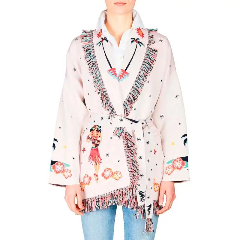 Boho Inspired длинный кардиган с бахромой гавайский пояс большой женский шерстяной