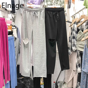 

Elnage Spring Summer Elastic Waist Hole Straight Pants Drape Wide Leg Casual Sports Running Trousers Mopping Long Women 5A847