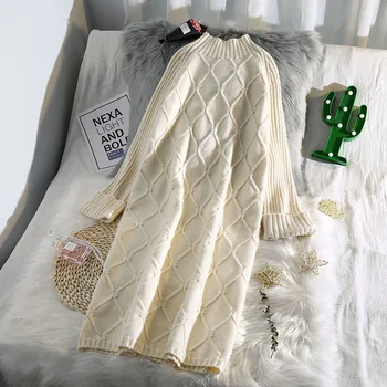 

turtleneck knitted women dresses flare sleeved knee-length solid loose straight thicken warm lady elegant dresses top quality