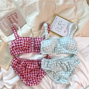 

Sweet Women's Plaid Shell Flower Button Lingerie Set Young Girl Cotton Breathable Brassiere Panties Set Underwear Suit Student