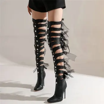 

Women Cut Out Straps Slim High Heel Over The Knee High Boots Female Square Toe Thigh High Pumps Shoes Winter Warm Casual Shoes