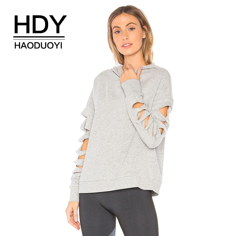 

HDY Haoduoyi 2019 New Fashion Autumn Casual Style Female Solid Color Hollow Out Long Sleeve Hooded Loose Sweatshirt