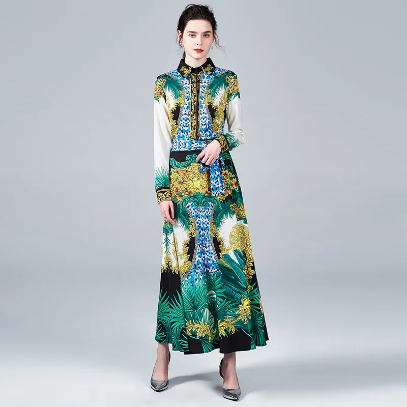 

Photo Shoot Spring And Summer New Style WOMEN'S Dress Ozhouzhan Long Sleeve Retro Printed Waist Hugging Slimming Big Hemline One