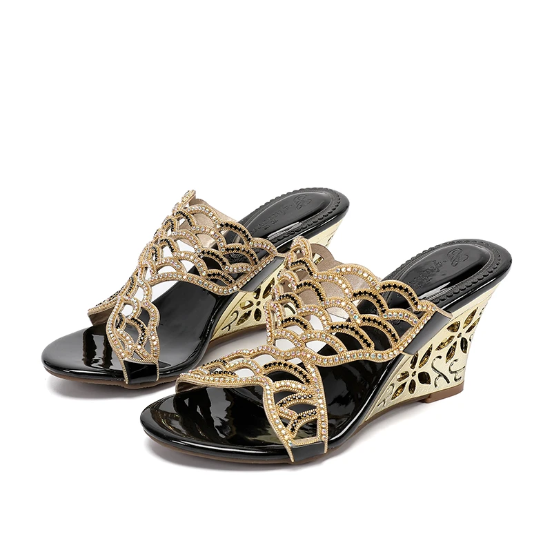 Sandalias cuña de plataforma alta para mujer, zapatos de vestir ostentosos con diamantes de imitación encantadores, con punta abierta tacón de cuña de cristal negro, sin cordones|Zapatillas| - AliExpress