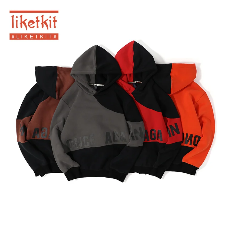

Liketkit Winter Hip Hop Hoodies Men 2019 Print Irregular Color Contrast Flleece Streetwear Male Autumn Personality Loose Tops