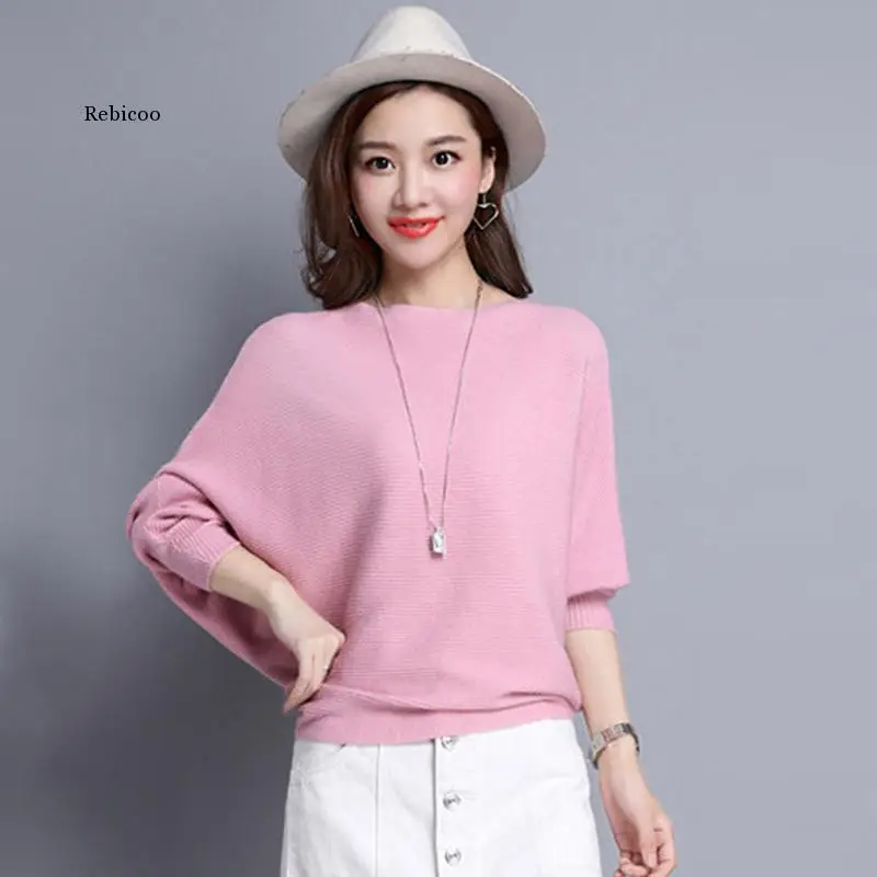 

Осенний Однотонный женский свитер, свободные женские джемперы с рукавом «летучая мышь», повседневные короткие женские пуловеры с круглым вырезом, верхняя одежда, женский свитер