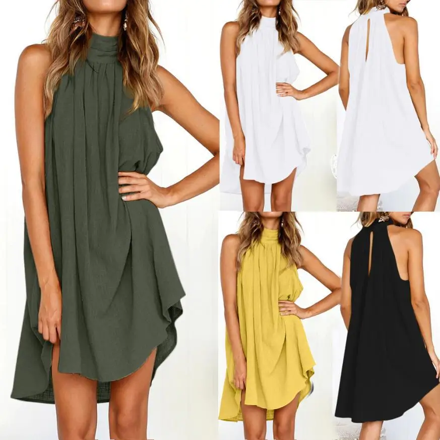 

Daily suit OWLPRINCESS Multi-color Women's Crew Neck Pleated Cotton Linen Vest Dress WOMEN'S Dress