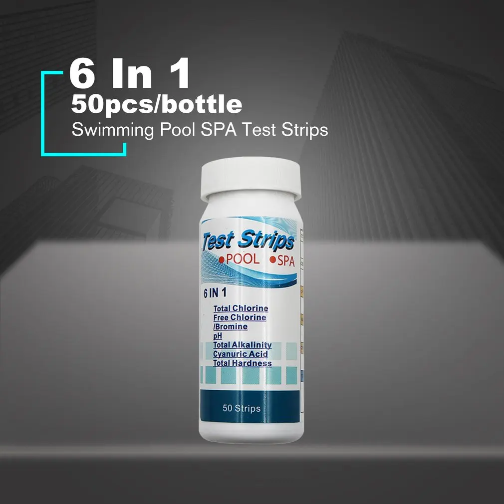 50 pcs/bottle 6 In 1 Multi-functional Acid Water Hardness Swimming Pool Spa Chlorine Test Strip Alkalinity PH Cyanuric Bromine