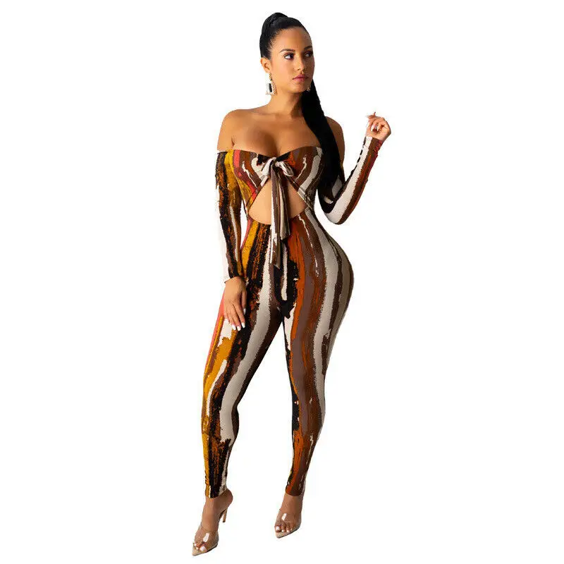 

Sexy Jumpsuits For Women Off Shoulder Bodycon Long Sleeve Rompers Womens Jumpsuits Hollow Out Striped Bodysuits