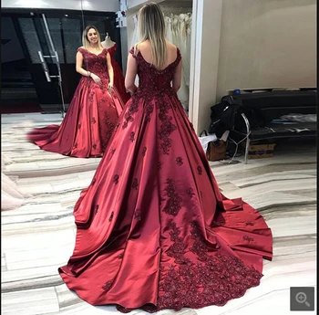 

2019 new arrival burgundy satin ball gown lace appliques beaded prom dresses off the shoulder v neck stylish prom gowns hot sale