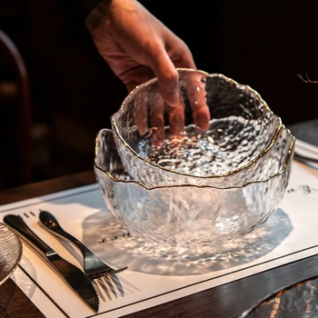 

Creative Glass Salad Bowl Gold Rim Soup Vegetable Bowl Tableware Irregular Fruit Fork Bowl Glass Plate Dish Kitchen Accessiories