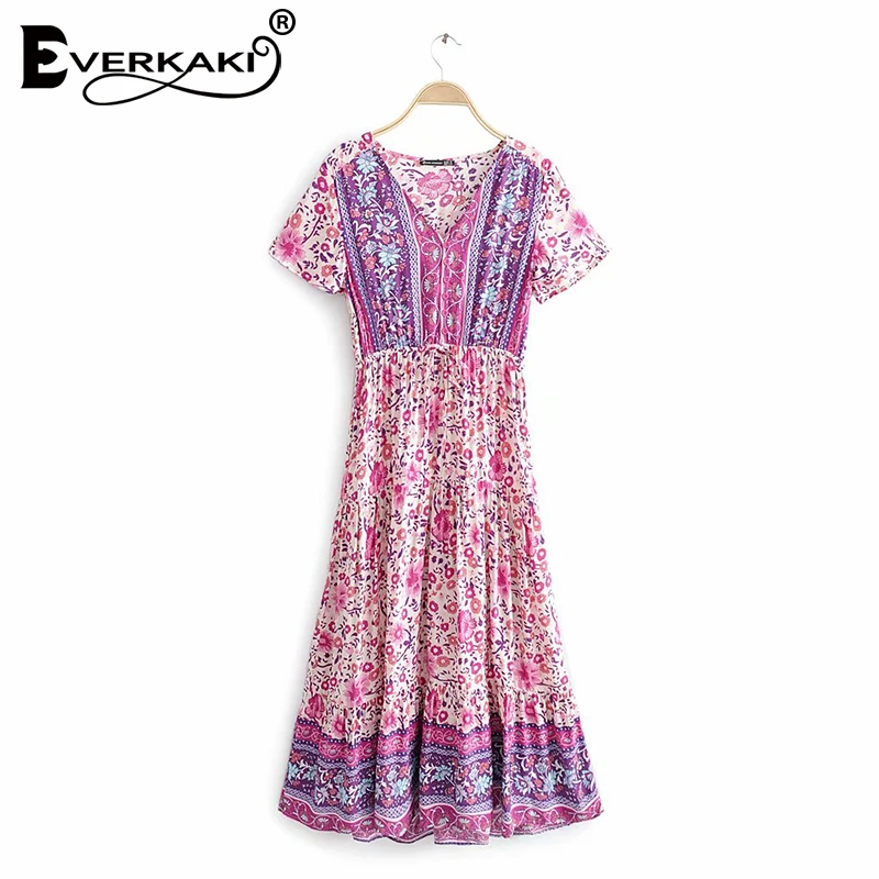 Everkaki длинное платье Для женщин Цветочный принт Boho Vestidos регулируемый пояс Gypsy Женская Винтаж Макси платья Женский Новинка осени