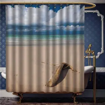 

Driftwood Eco-Friendly Shower Curtain Sea Theme Driftwood on The Sandy Beach and Cloudy Sky Digital Style Print Shower Curtains