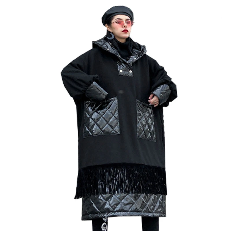 QING MO Black Women Hooded Dress Women Winter Thick Warm Parkas Personality Female Patchwork Sweatshirt With Tassel ZQY2640