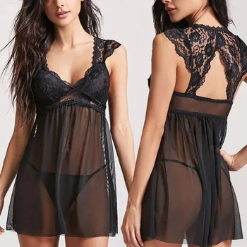 

Lace Mesh Night Dress Women Sexy Hollow V Neck Nightgown Sleepwear Black Lingerie See Through Nightdress Summer Plus Size Nighty