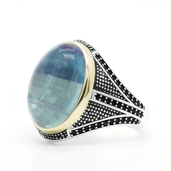 

Natural Fluorite Stone Men's 925 Sterling Silver Rings Shofar Exquisite Handcrafted Turkish Jewelry For Men Health and Love