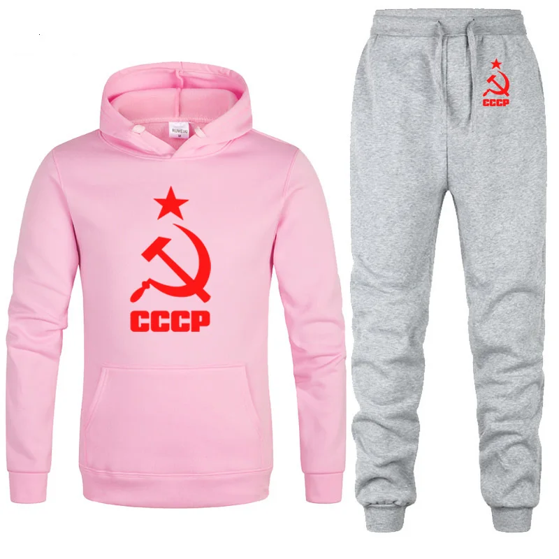 Winter Autumn warm Tracksuit Men Hoodie sweatshirt jacket+sweatpants suit Unique CCCP Russian USSR Soviet Union Print sportwear - Цвет: 805