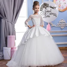Кружевные жемчужные арабские платья с цветочным узором для девочек кружевные рукава из атласа и тюля Детские Свадебные платья Маленькая девочка платье для причастия