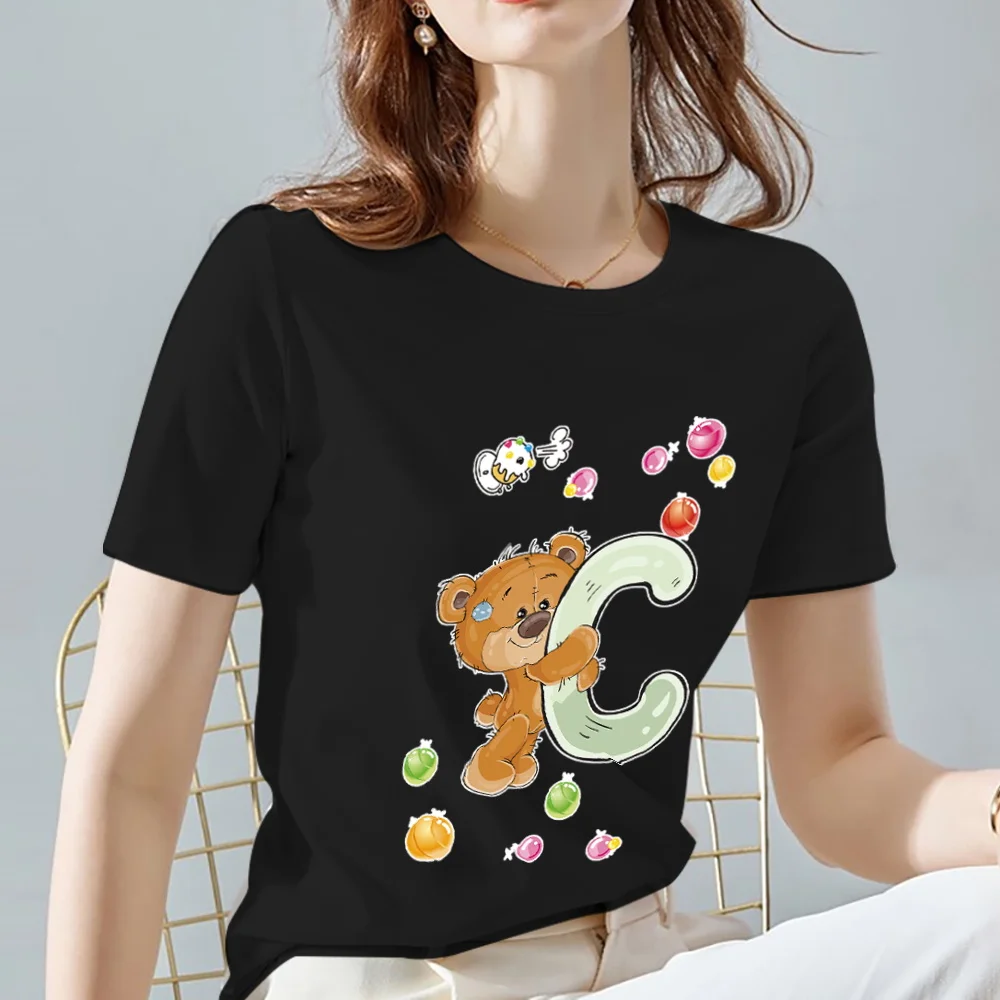 

T-shirt Women Clothing Black Casual Top Teddy Bear Letter C Initial Name Printing Series O-neck Slim Commuter Short-sleeved Top