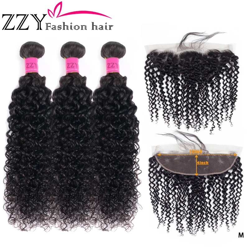 ZZY Fashion 3 пряди с 13x4 кружевной фронтальной застежкой перуанские кудрявые неremy