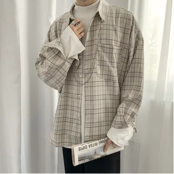

2019 Autumn And Winter New Japanese Retro Plaid Long-sleeved Shirt Original Fashion Casual Loose Jacket Male Gray / Khaki