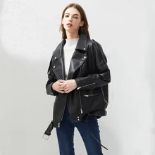 women's synthetic leather jacket, loose belt casual motorcycle jacket, BF style top,
