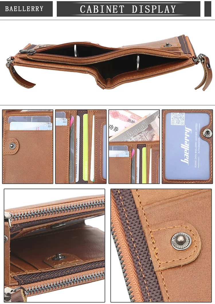 Baellerry Men Wallets Genuine Cow Leather Double Zipper Card Holder High Quality Male Purse Vintage Coin Holder Men Wallets