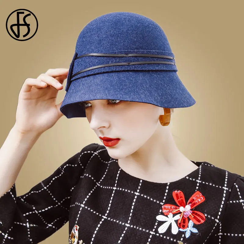 Blue Wool Fedora FS зимние фетровые шапки для женщин шерстяная шляпа лента Королевский синий черный шляпа осень леди котелок с широкими полями Кепка церковная Chapeau Fedoras - Цвет: Blue Wool Fedora