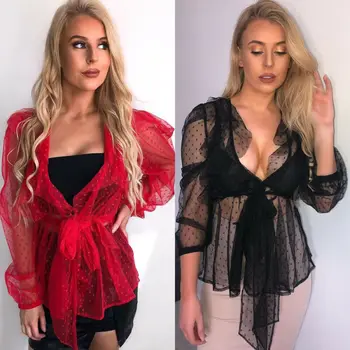 

Prevent Bask In Sand Wave Point Smock Women Puff Sleeve Sheer Mesh Wrap Tops T shirt Blouse Beach Swim suit Cover up
