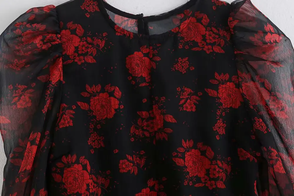 Новые женские элегантные пышные рукава с цветочным принтом, повседневные блузки, женские шифоновые рубашки с оборкой, шикарные брендовые Топы LS4178