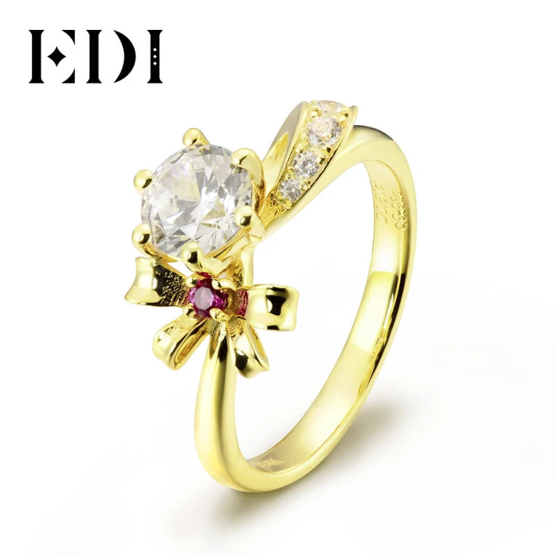 EDI бантом 14 к 585 Желтое золото 0.8ct кольцо с алмазом moissanites кольцо из природного рубина Свадебные украшения для Для женщин