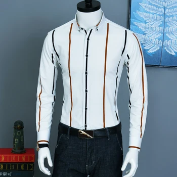 

Men's Contrast Striped Long Sleeve Dress Shirts Comfortable Soft Standard-fit Smart Casual Button-down Office Shirt