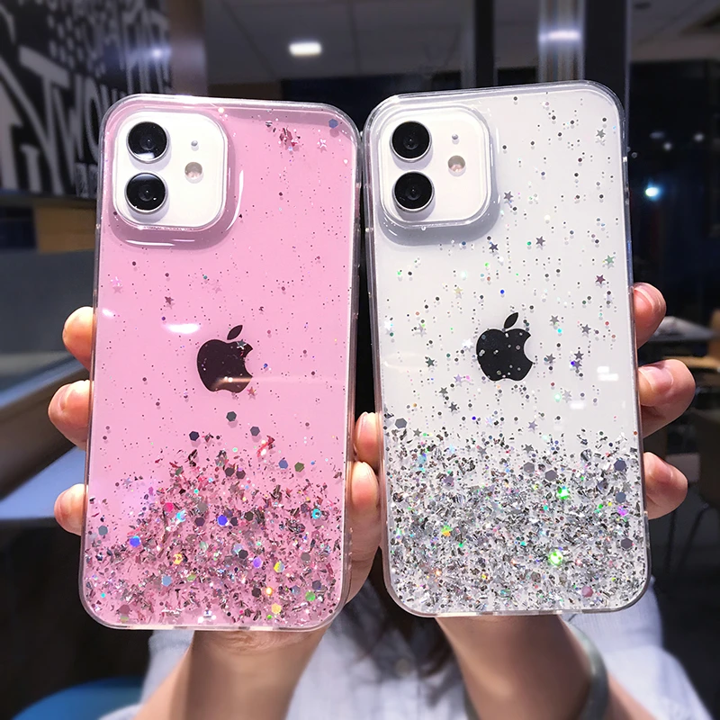 Luxury Glitter Star Sequins Bling Clear Phone Case For iPhone 13 Pro Max 12 Mini 11 XS XR X 7 8 Plus Transparent Soft Back Cover
