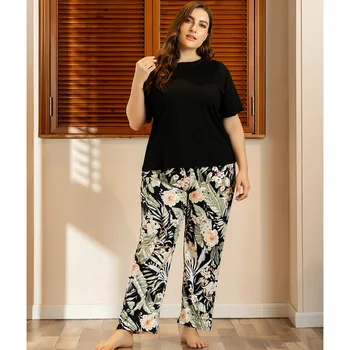 

Plus Size Printed Short Sleeve Top and Pants PJ Set Summer O-neck Casual Women Pyjamas Sleepwear Nightwear Pajama Sets Homewear