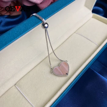 

OEVAS 100% 925 Sterling Silver Box Link Chain Simple Pink Heart Resizable Bracelet For Women Elegant Party Fine Jewelry Gifts