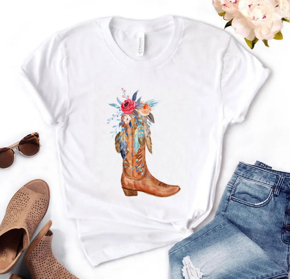 cowgirl boots flowers Print Women tshirt Cotton Casual Funny t shirt Gift For Lady Yong Girl Top Tee PM-68