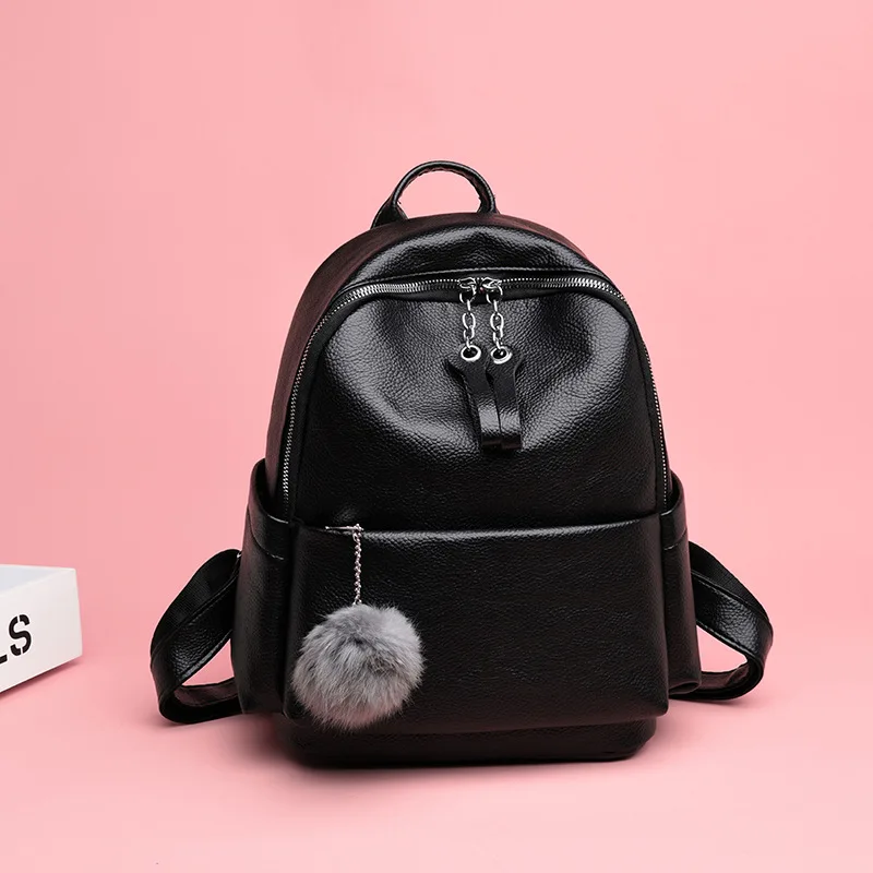 

2019 New Style WOMEN'S Backpack Versatile Trend Soft Leather PU Handbag South Korea Fuzzy Ball Pendant Backpack Reba Bag