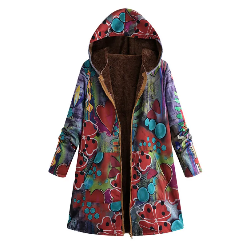 Multicolor Зимнее женское пальто, женская зимняя теплая верхняя одежда, Ретро стиль, с геометрическим принтом, с капюшоном, с карманами, Ретро стиль, большие размеры, Женское пальто, N16 - Цвет: Multicolor