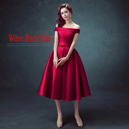 WINE RED-MID Erosebridal, атласное вечернее платье для женщин, 3 стиля, длина(длинная/Средняя/короткая), на шнуровке, сзади, с открытыми плечами, официальное платье, простой дизайн - Цвет: WINE RED-MID