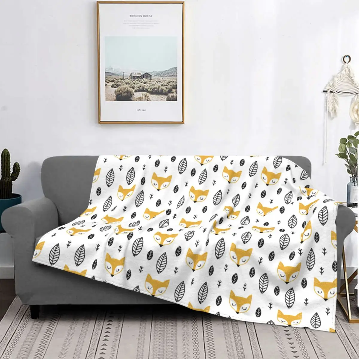 

Hand Drawn Cute Fox And Leaves Pattern Blankets Fleece Decoration Ultra-Soft Throw Blankets for Bedding Bedroom Plush Thin Quilt