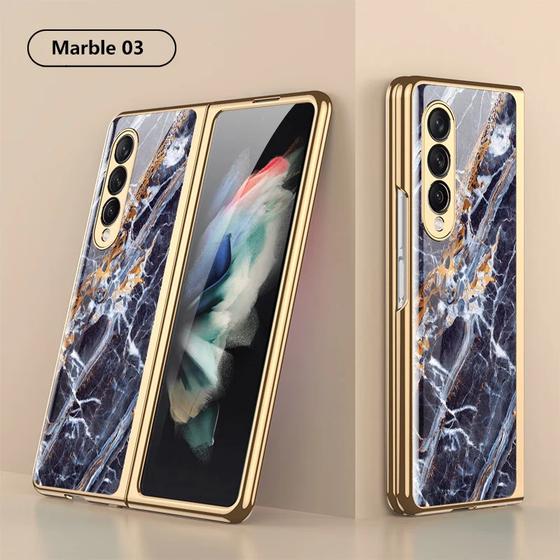 Hard Phone Cover For Samsung Galaxy Z Fold 3 5G Case Plating Glass Marble Pattern Precise Hole New Shockproof Protective Fundas kawaii phone case samsung Cases For Samsung