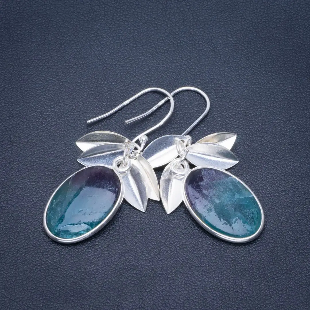 

Natural Fluorite Handmade Unique Leaf 925 Sterling Silver Earrings 1.75" B2692