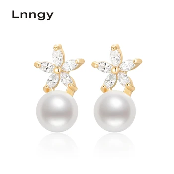 

Lnngy 14K Gold Filled 6-6.5mm Natural Cultured Freshwater Pearl Flower Stud Earrings Women Wedding Party Earrings Fine Jewelry