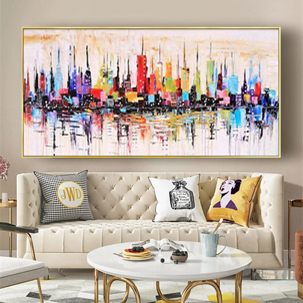 

100% Hand-Painted Oil Painting Abstract Colorful City Wall Art Brilliant Bright Canvas Poster For Modern Living Room Decor Gift