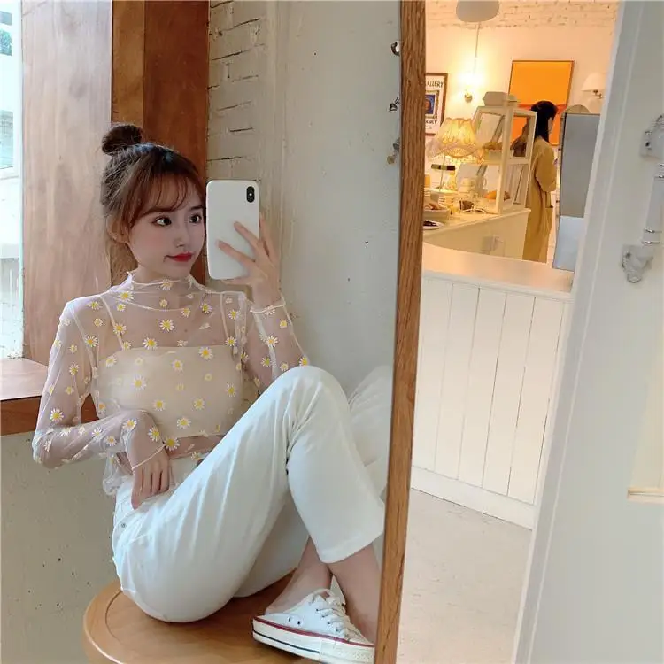See Through Small chrysanthemum Mesh Gauze Tops Long Sleeve Transparent Sun Protection Ladies Turtleneck summer T-Shirt Top