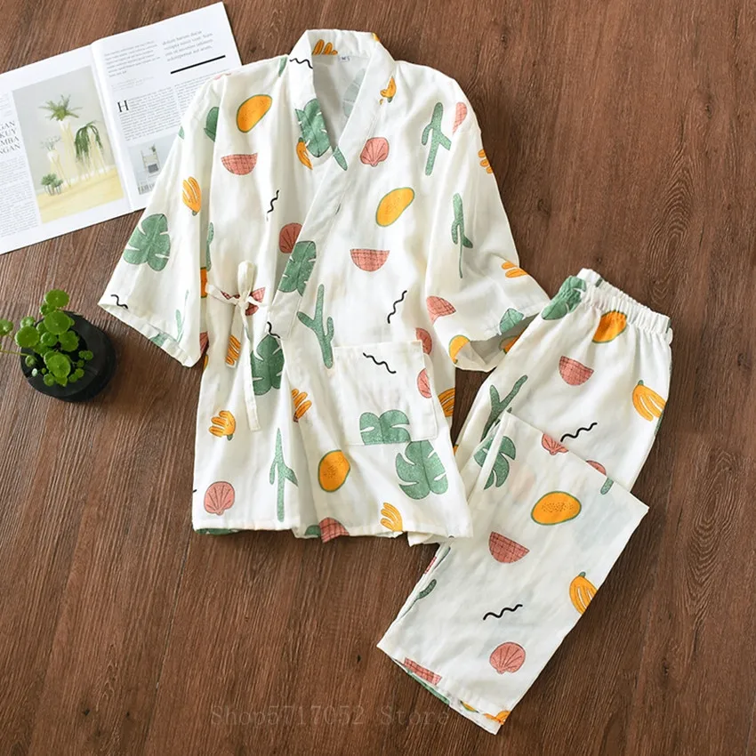 Japanese Kimono 2PCS Lover Clothing Set Kawaii Cat Printed Kimono Yukata Steaming Wear Pajamas Man Woman Bathrobe Nightgown