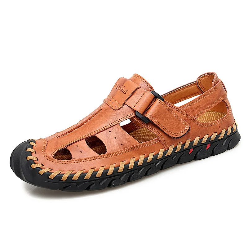 COWCOM Summer Outdoor Men's Beach Shoes Leather Casual Shoes Breathable Open Toe Leather Sandals Baotou Non-slip CLK-54396 - Цвет: yellow