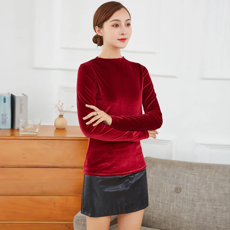 wine red Uego мягкая плюшевая Осенняя зимняя майка Базовая футболка тонкая бархатная Женская Винтажная футболка s Женские повседневные Весенние футболки - Цвет: wine red