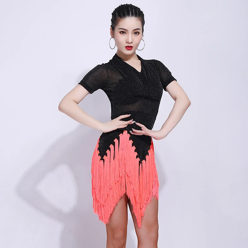 Short sleeve Платье для латинских танцев, женский сексуальный сетчатый костюм с кисточками и длинными рукавами, профессиональный женский бальный костюм для самбы, вальса, тренировочные платья DL4901 - Цвет: Short sleeve
