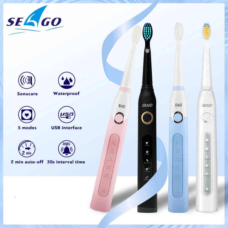 

Seago Sonic Electric Toothbrush Adult Timer Brush USB Rechargeable Electric Tooth Brushes with 3pcs/8pcs Replacement Brush Head